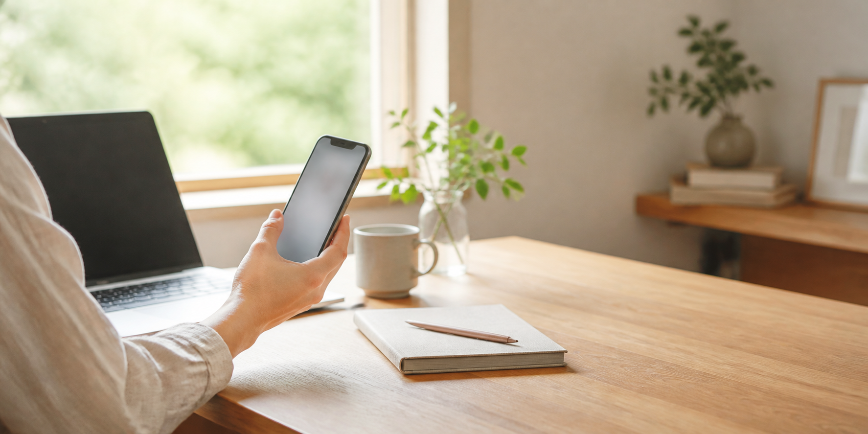 スマートフォンとノートパソコンが並ぶ明るい作業机